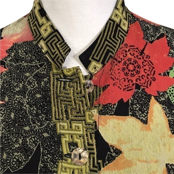 Citron Santa Monica Small 100% Silk Blouse Leaf Pattern Long Sleeve. - Picture 4 of 11